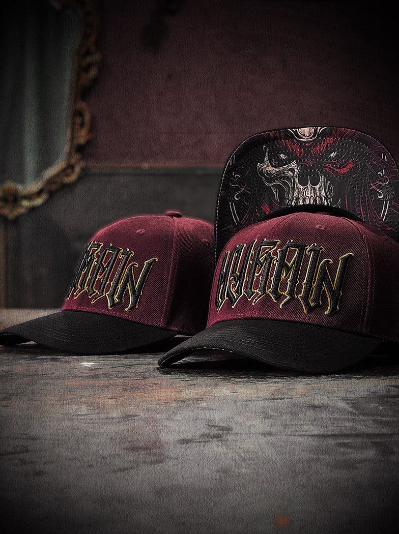 Casquette oni skull squelette démoniaque rouge bordeaux et noir