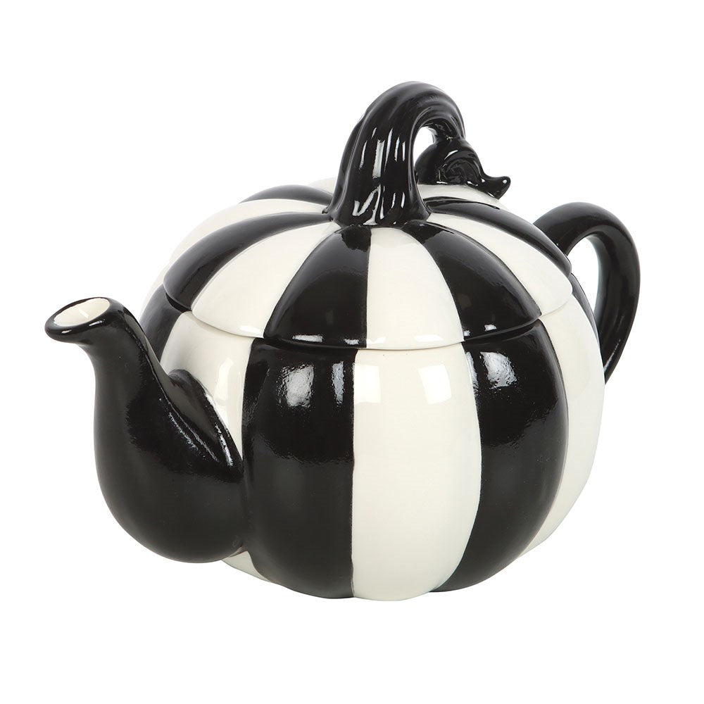 Théière a rayure noir et blanche en forme de citrouille style tim burton