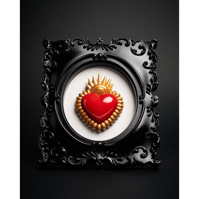 Cadre noir et Coeur rouge ex voto en Polyrésine style baroque