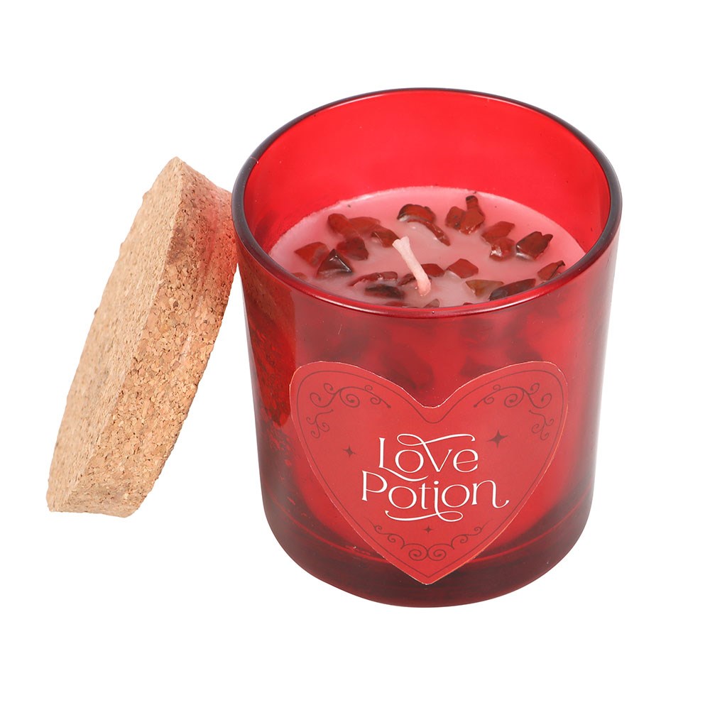 Bougie Love Potion avec chips de cristal de jaspe rouge et de framboise