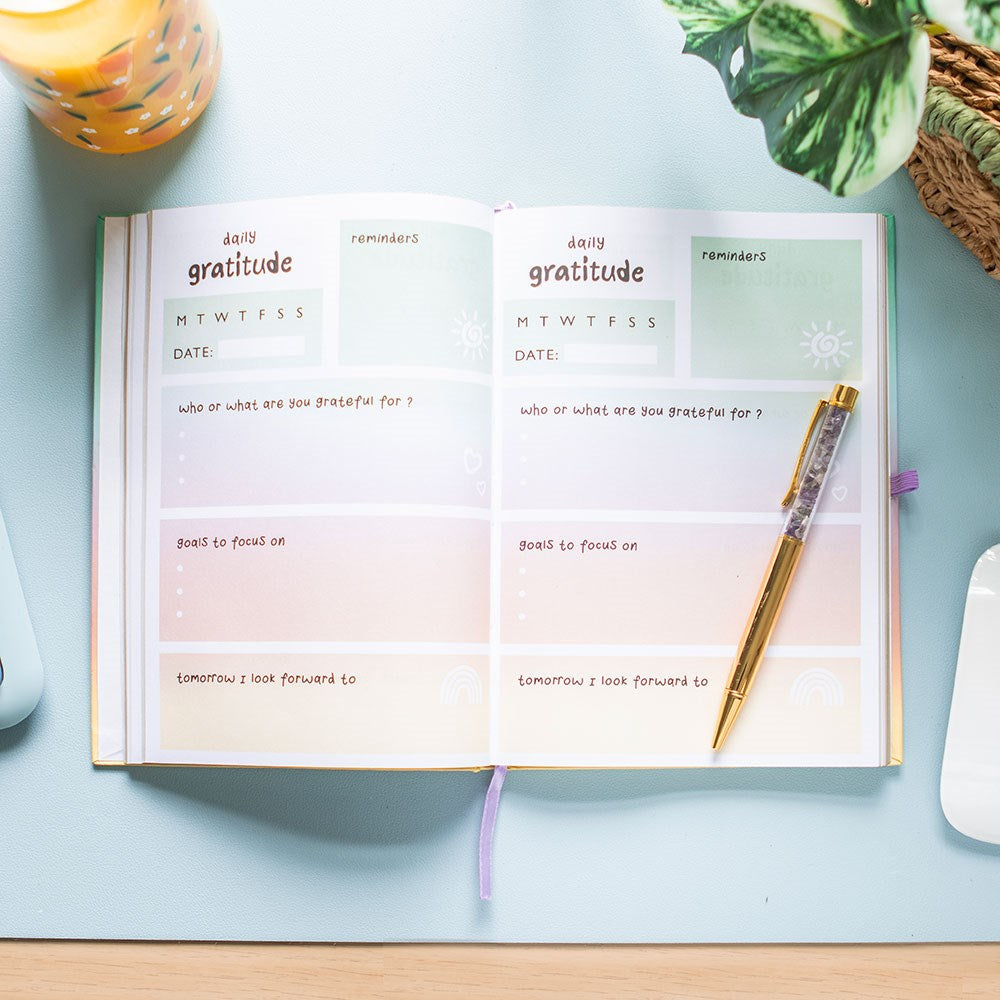 Carnet journal de gratitude multicolore avec stylo en améthyste