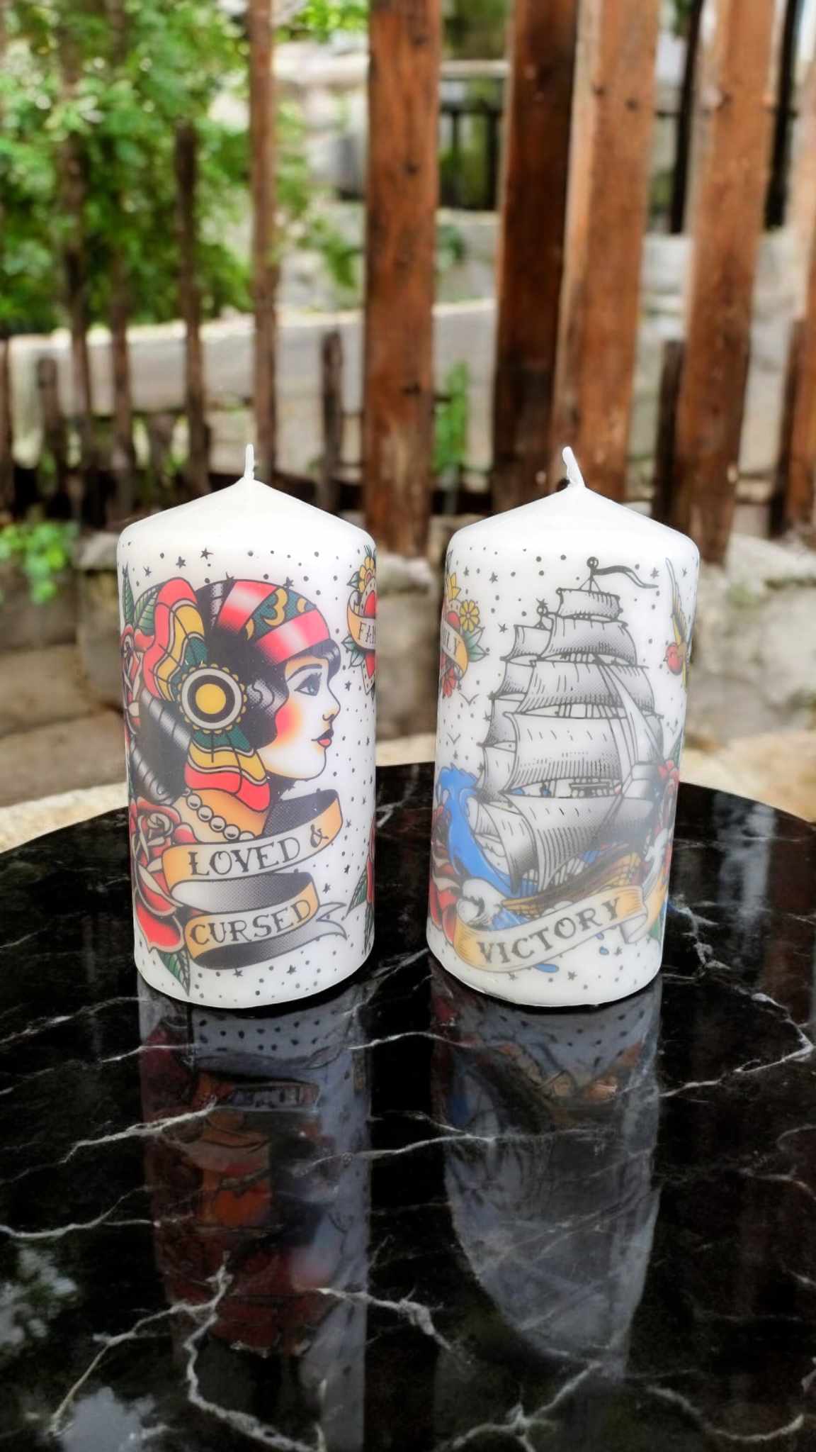 Bougie tatto bateau et femme tatouage old school rétro vintage