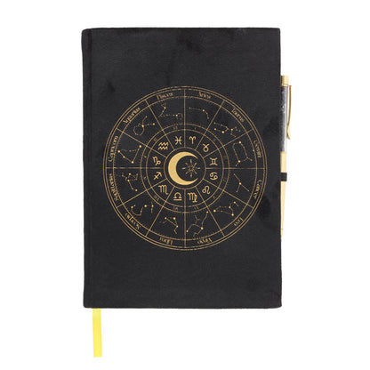 Journal de roue d'astrologie avec stylo noir d'obsidienne