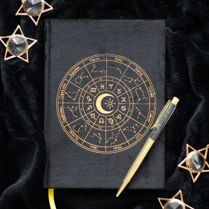 Journal de roue d'astrologie avec stylo noir d'obsidienne