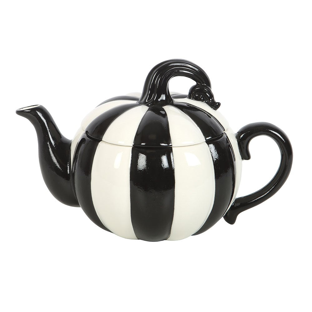 Théière a rayure noir et blanche en forme de citrouille style tim burton