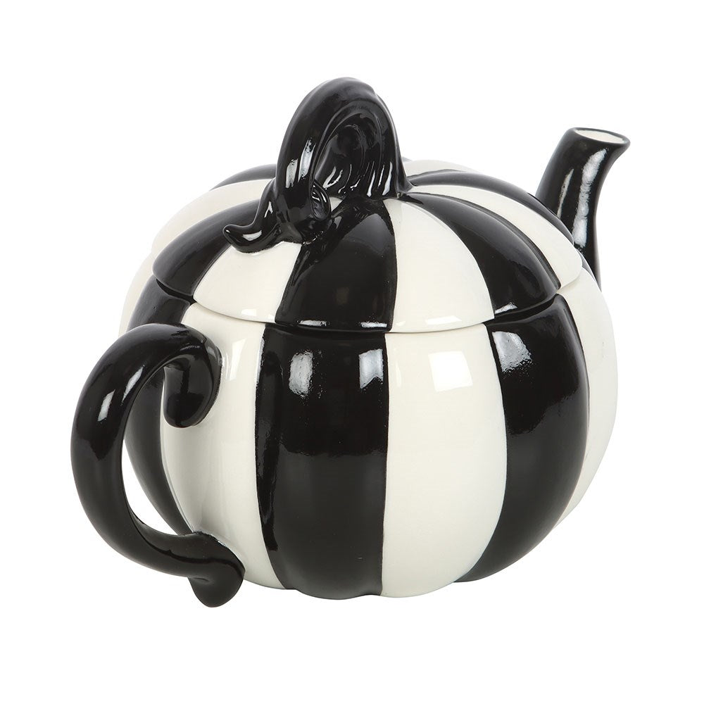 Théière a rayure noir et blanche en forme de citrouille style tim burton