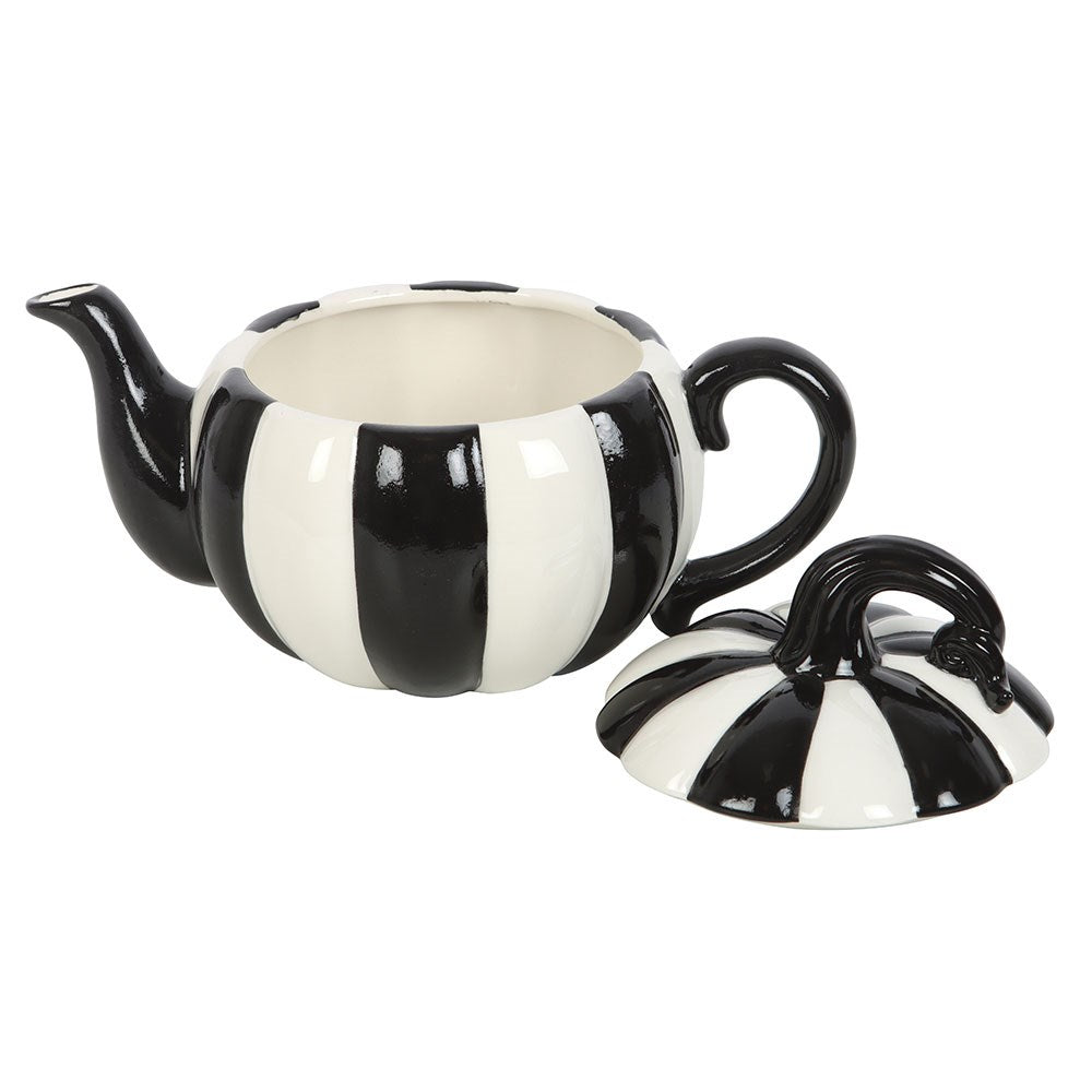 Théière a rayure noir et blanche en forme de citrouille style tim burton