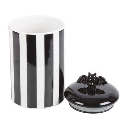 Pot a biscuit ou trésor a rayure noir et blanc gothic avec chauve souris