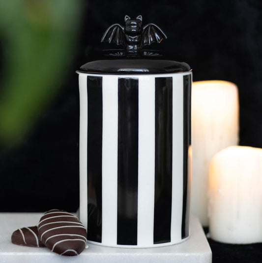 Pot a biscuit ou trésor a rayure noir et blanc gothic avec chauve souris
