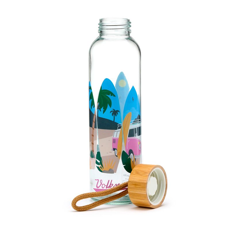 Gourde en Verre 500ml avec Bouchon Bambou - Volkwagen- Van Bus Combi VW T1 The Waves are Calling