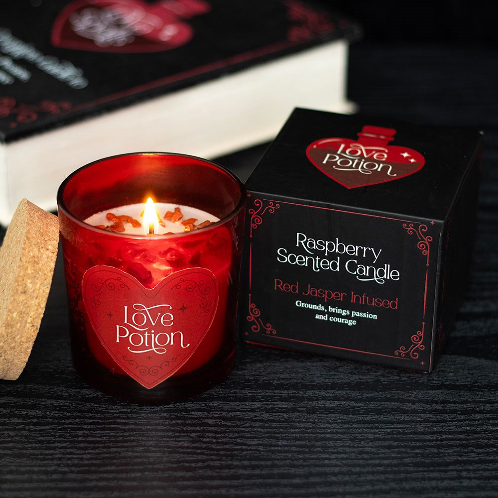 Bougie Love Potion avec chips de cristal de jaspe rouge et de framboise harry potter