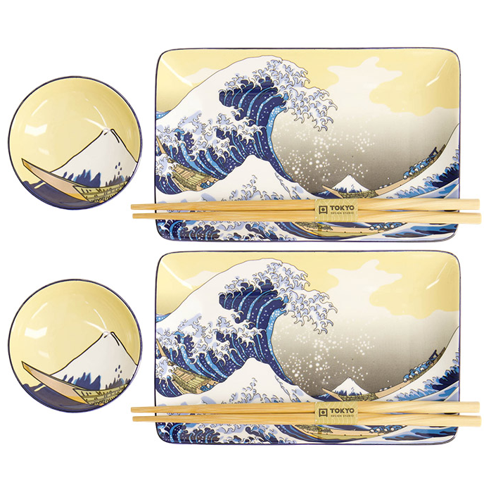 Coffret cadeau assiettes à sushi japonais kawaii vague hokusai