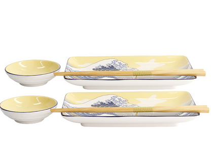 Coffret cadeau assiettes à sushi japonais kawaii vague hokusai