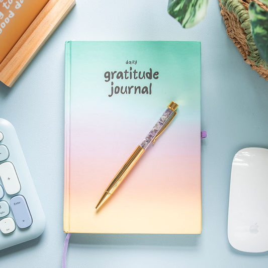 Carnet journal de gratitude multicolore avec stylo en améthyste