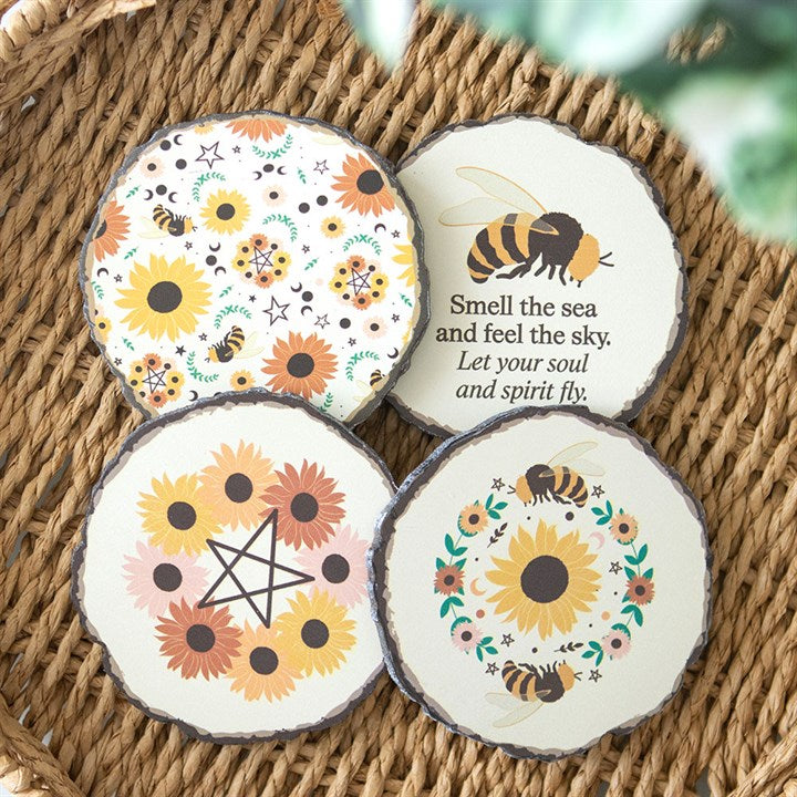 Lot de 4 sous verres imitation bois avec fleur et abeille