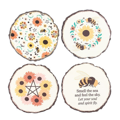 Lot de 4 sous verres imitation bois avec fleur et abeille