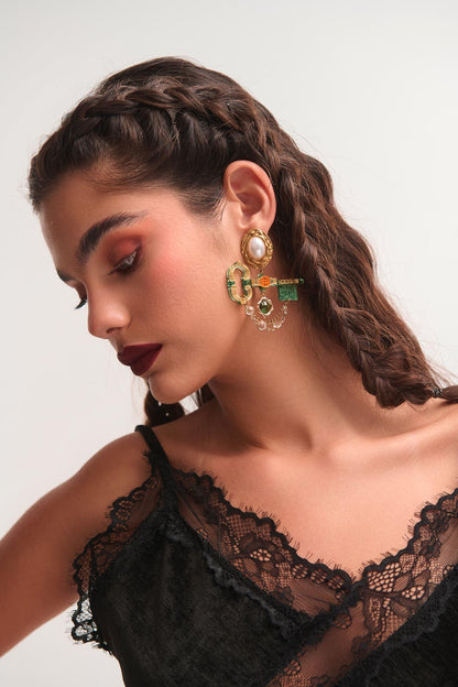 Boucle d'oreille Secret Key en plexiglas avec perles et chaînes alice aux pays des merveilles