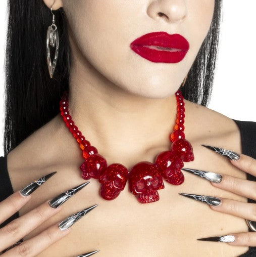 Collier gothique tête de mort rouge à paillette | Kreepsville 666