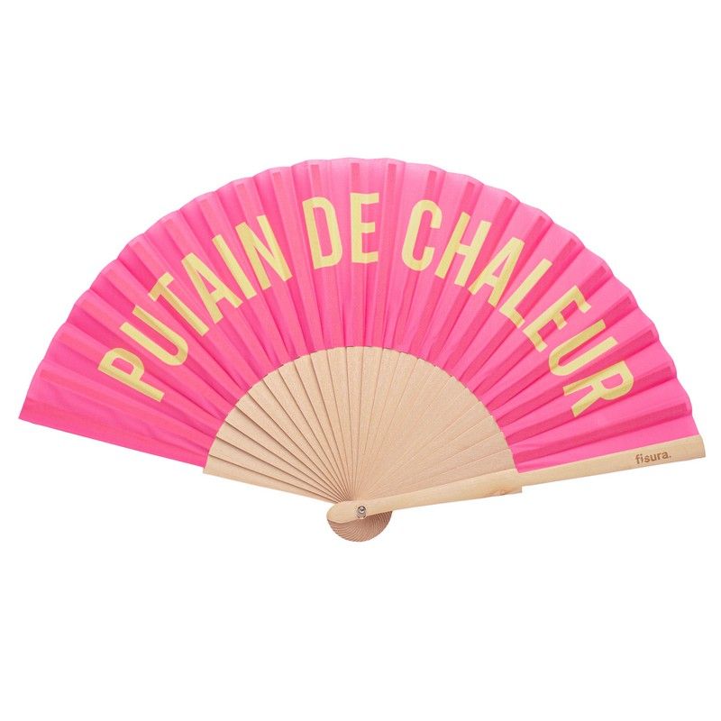 Eventail " putain de chaleur " rose et jaune
