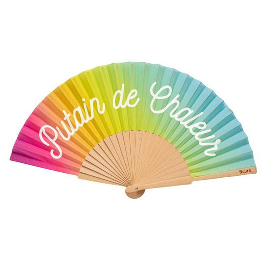 Eventail "putain de chaleur " arc en ciel coloré